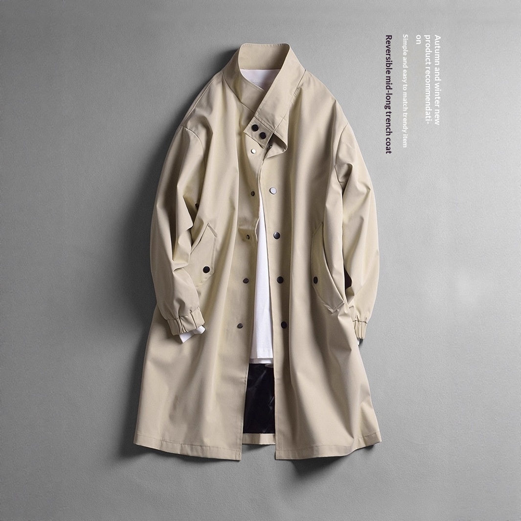 Mens Stand-Neck Single-Breasted Trench Coat Loose-Fit Casual Lapel Jacket