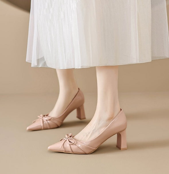 Pointed Toe Patent Leather French Bow High Heels For Women, New Spring Elegant Commuter Block Heel Shallow Mouth Fashion Pumps