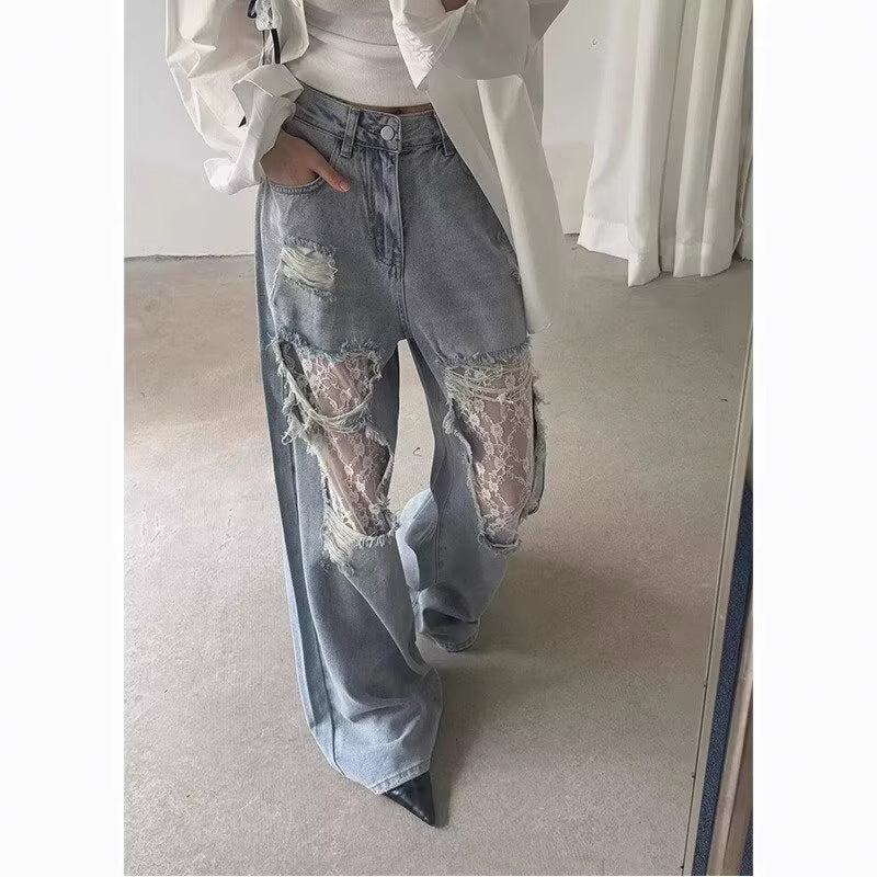 Women's Vintage Lace Stitching Ripped Jeans