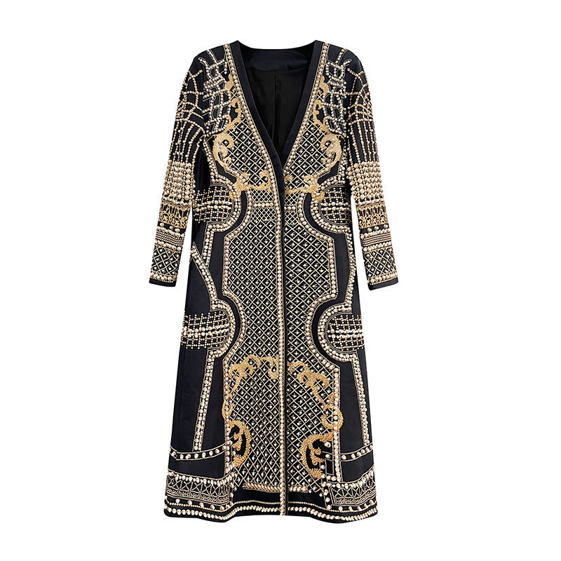 Womens Long Suit-Style Trench Coat With Floral Print And Beading
