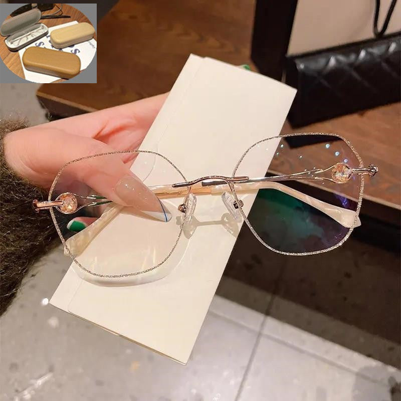 Champagne Gold Frameless Polygon Anti-blue Light Women's Reading Glasses