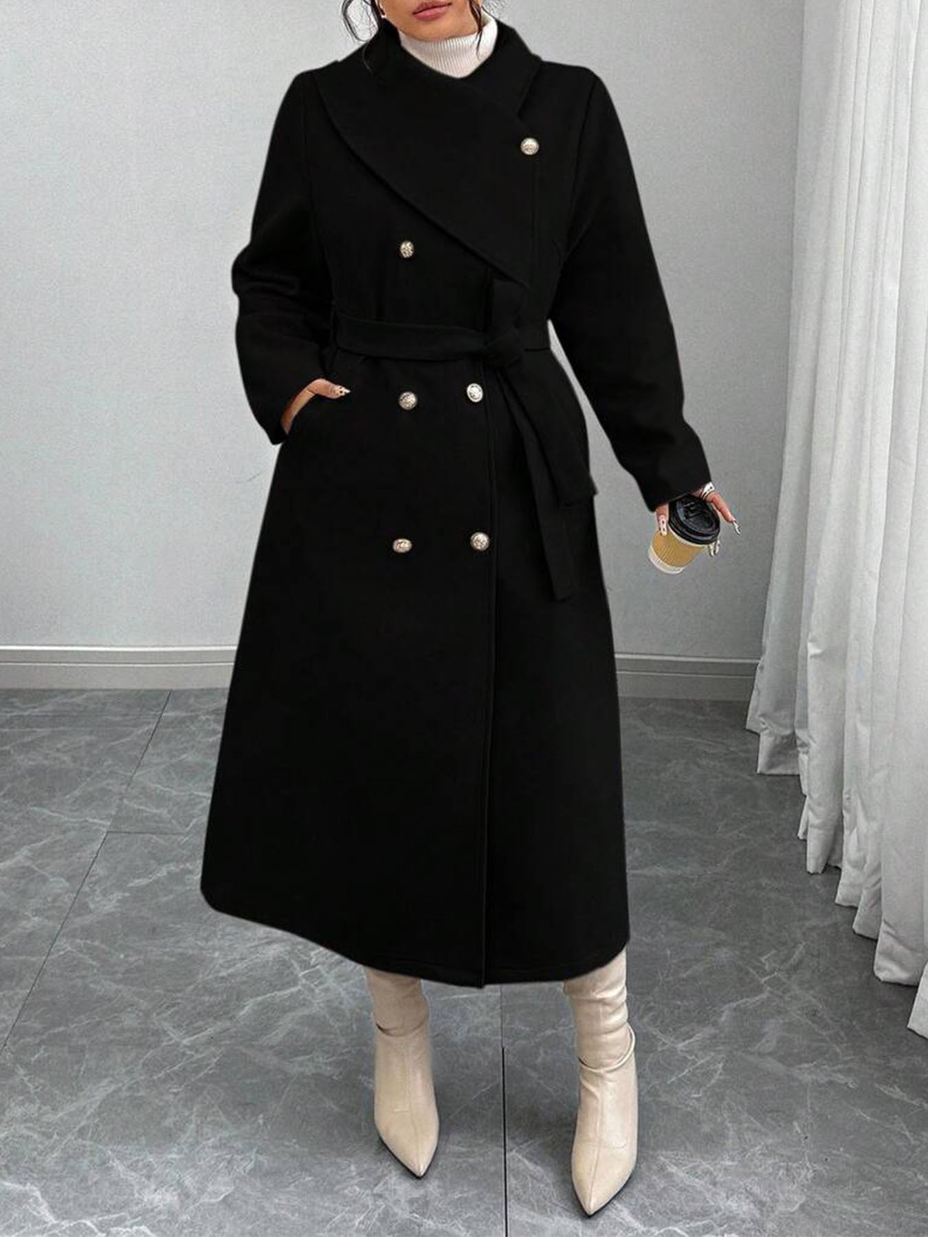 New Winter Womens Double-breasted Wool Coat With An Asymmetrical Collar