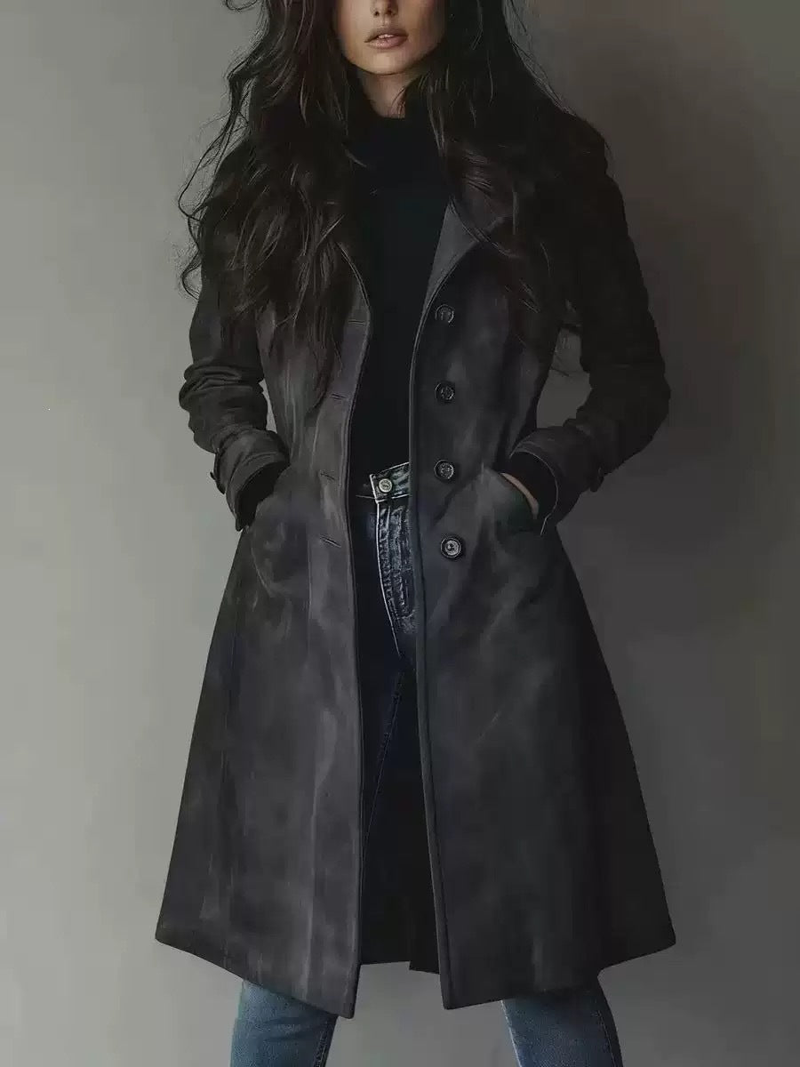 High Quality European American Style Women's Fall Winter Lapel Suede Mid-Length Trench Coat