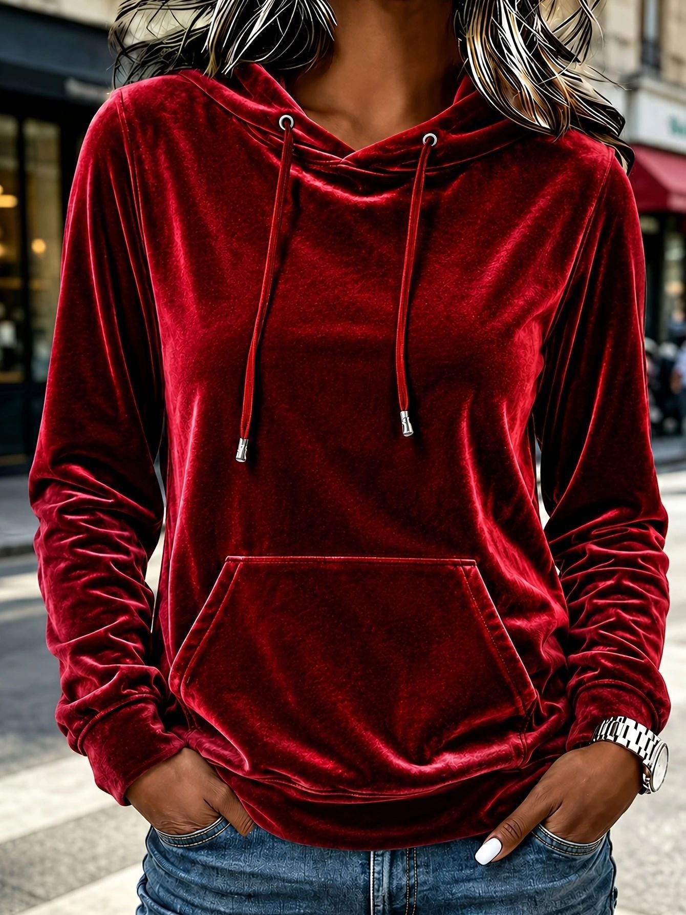 Anno Self-Designed 2026 Euro-American Women's Casual Fashion Velvet Hooded Sweatshirt Top With Drawstring