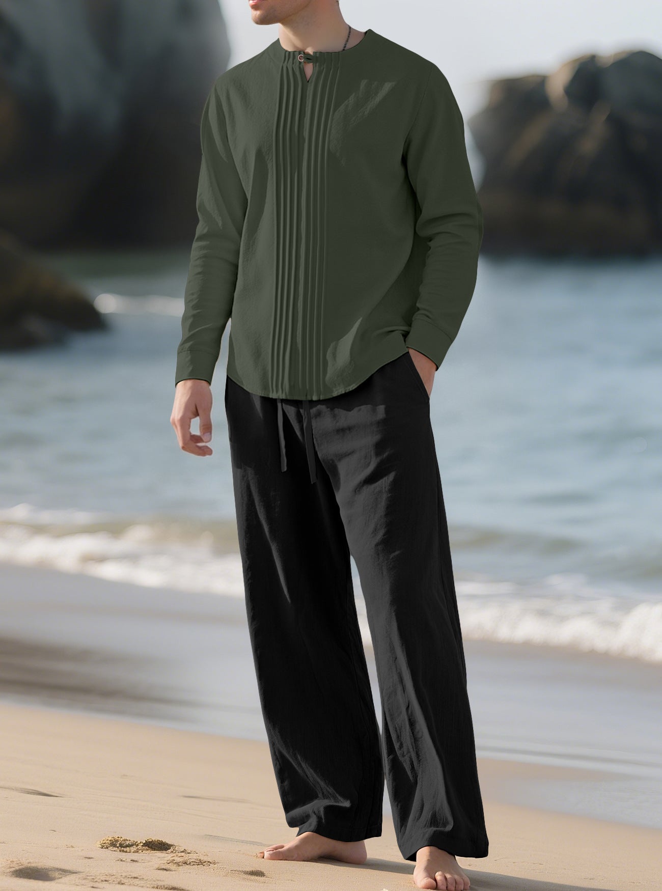 Buttoned Long Sleeve Robe And Straight-leg Pants Mens Suit