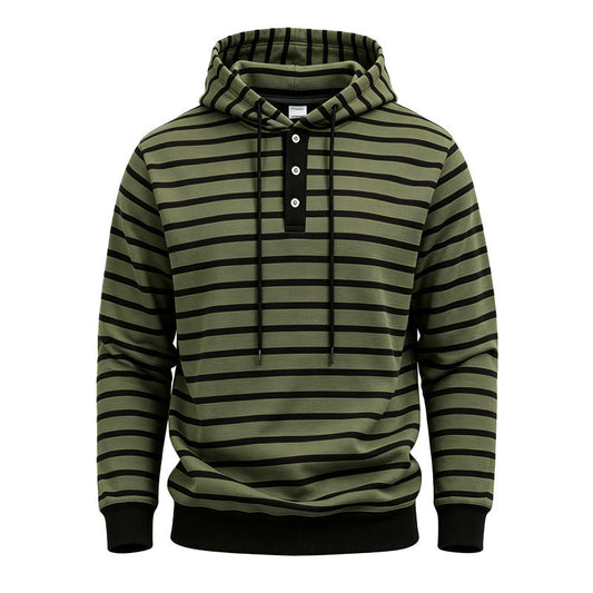 Mens Loose-Fit Striped Hoodie With Three Buttons