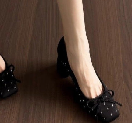 Women New 2026 Soft Leather Slip-on Pumps, Medium Block Heel With Bow & Rivet Decor, Shallow Mouth Dress Shoes For Spring