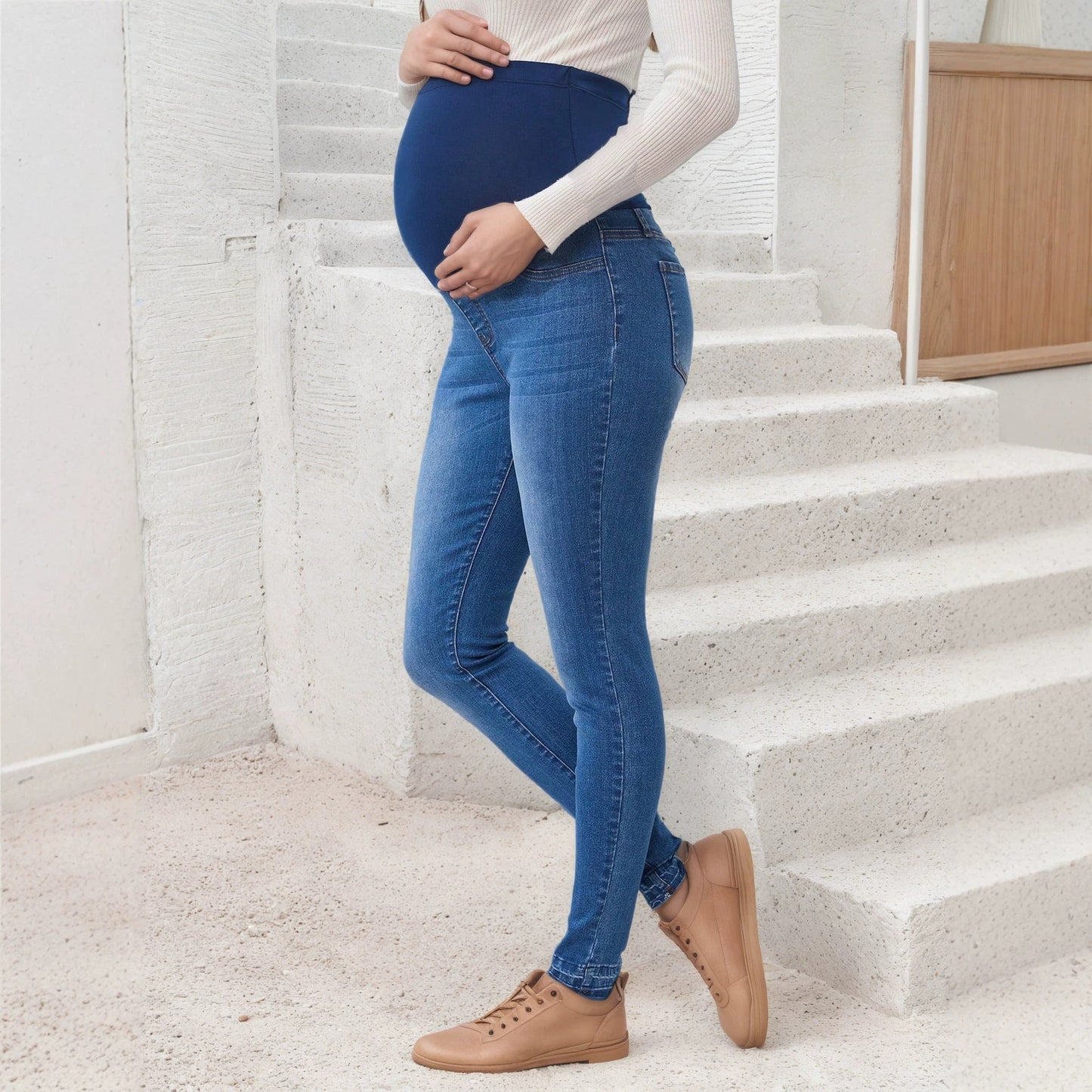 Womens Mid-Waist Stretch Maternity Jeans