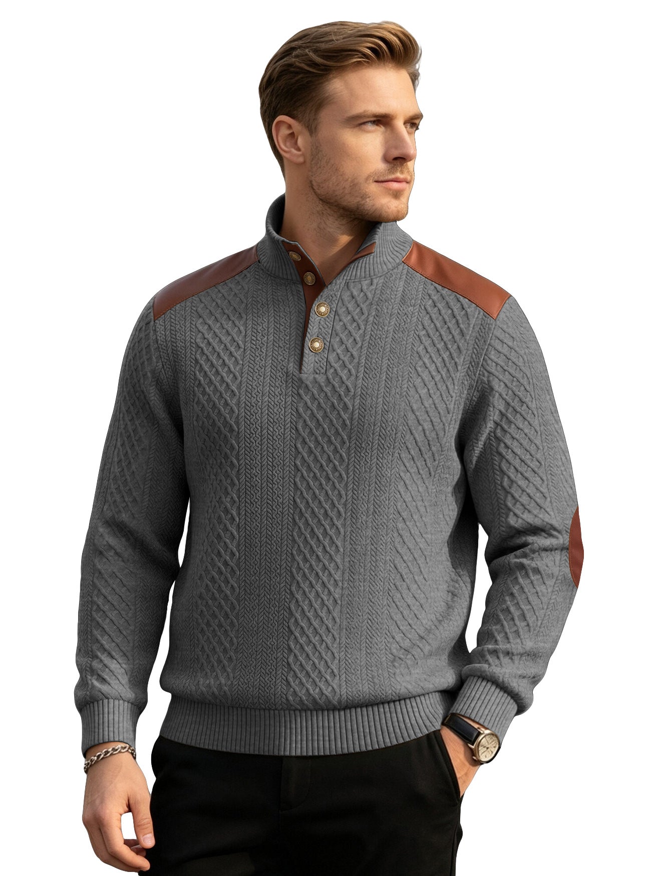 Cross-border Men's American Textured Jacquard Collared Knit Sweater With Shoulder Patchwork Loose Long-sleeve Pullover Sweatshirt