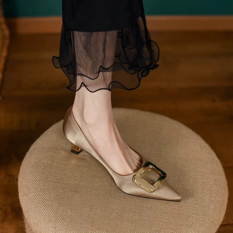 Women Minimalist Luxury Satin Kitten Heel Pumps Matching Casual Daily