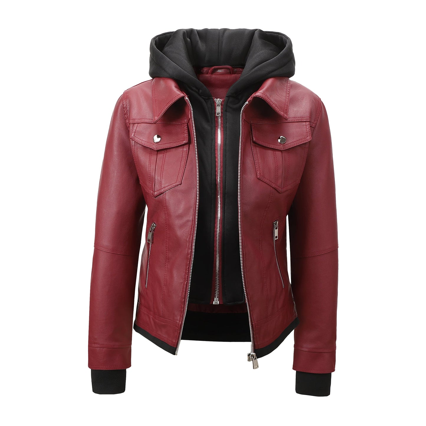 Detachable-hooded Biker Jacket Waist-cinching Faux-leather Coat That Flatters