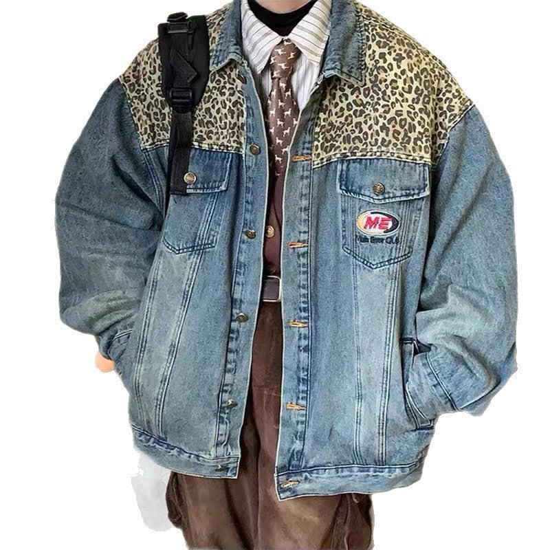 Mens Leopard-print Patchwork Denim Shirt Jacket