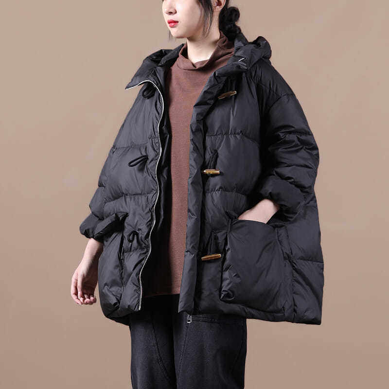 Plus-size Womens Retro Horn-button Hooded Down Coat