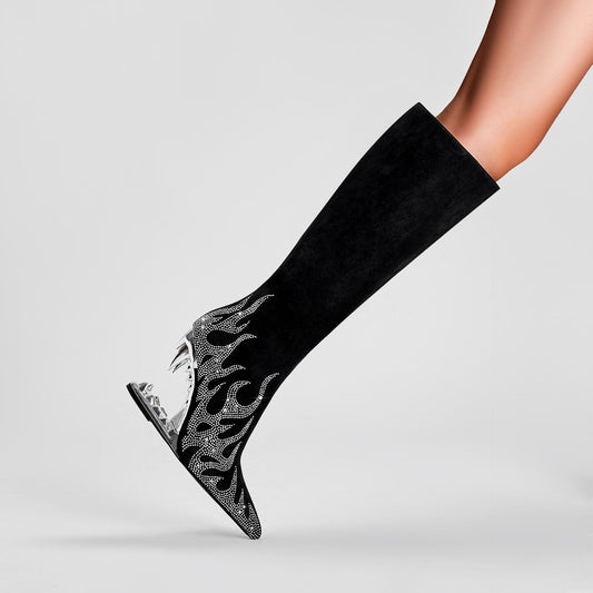 Rhinestone Flame Stretch Boots Tiger Tooth Heel