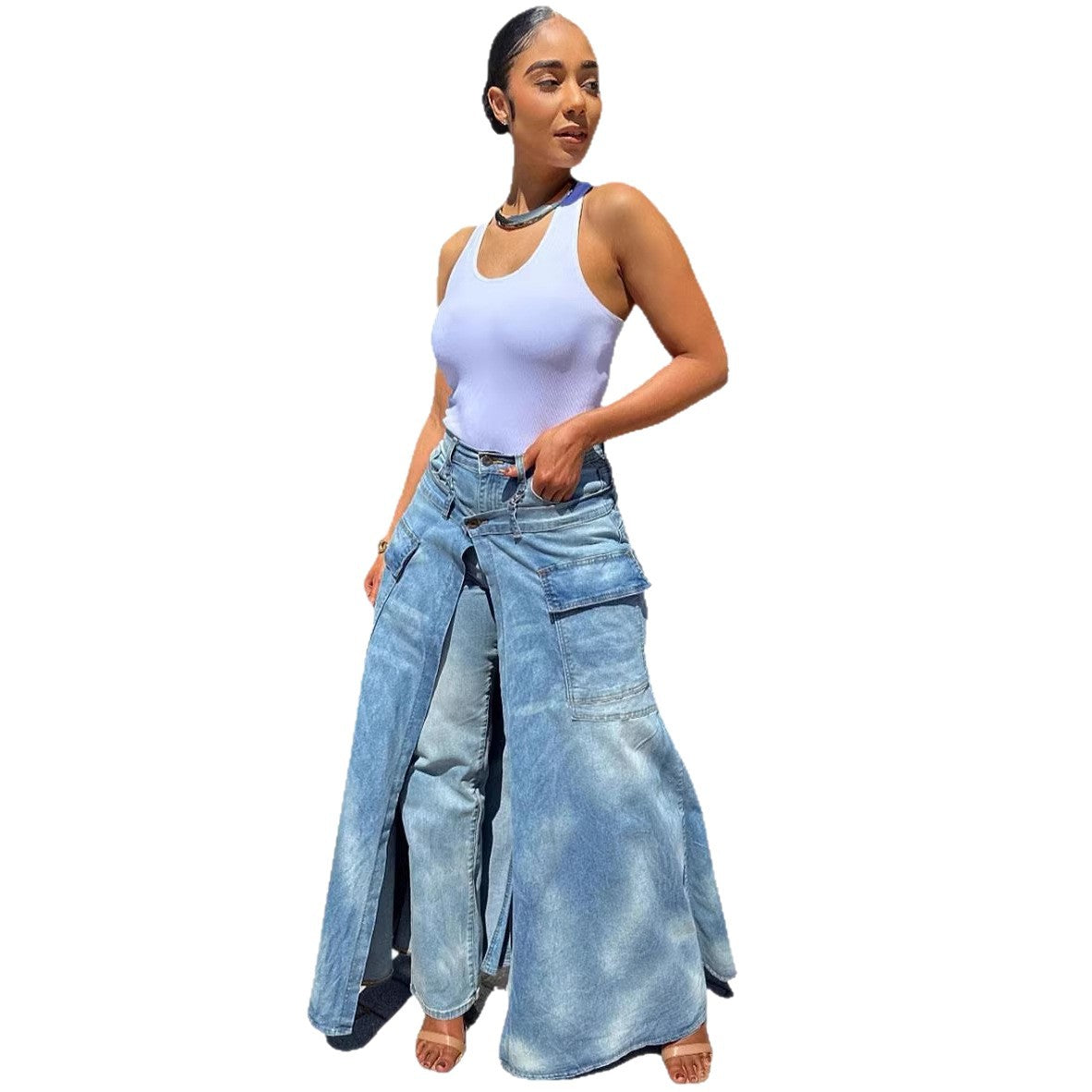 Womens Faux Two-piece Denim Jean Skirt