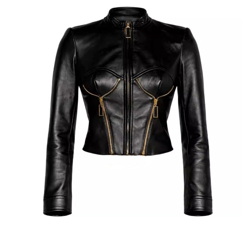 Heavy-duty PU Leather Moto-style Cropped Jacket With A Stand Collar And Zip Front