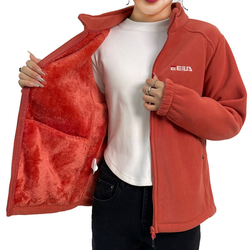 Women's Fleece Lined Polar Fleece Jacket Windproof Warm Stand Collar Sweatshirt For Outdoor Sports Casual Wear