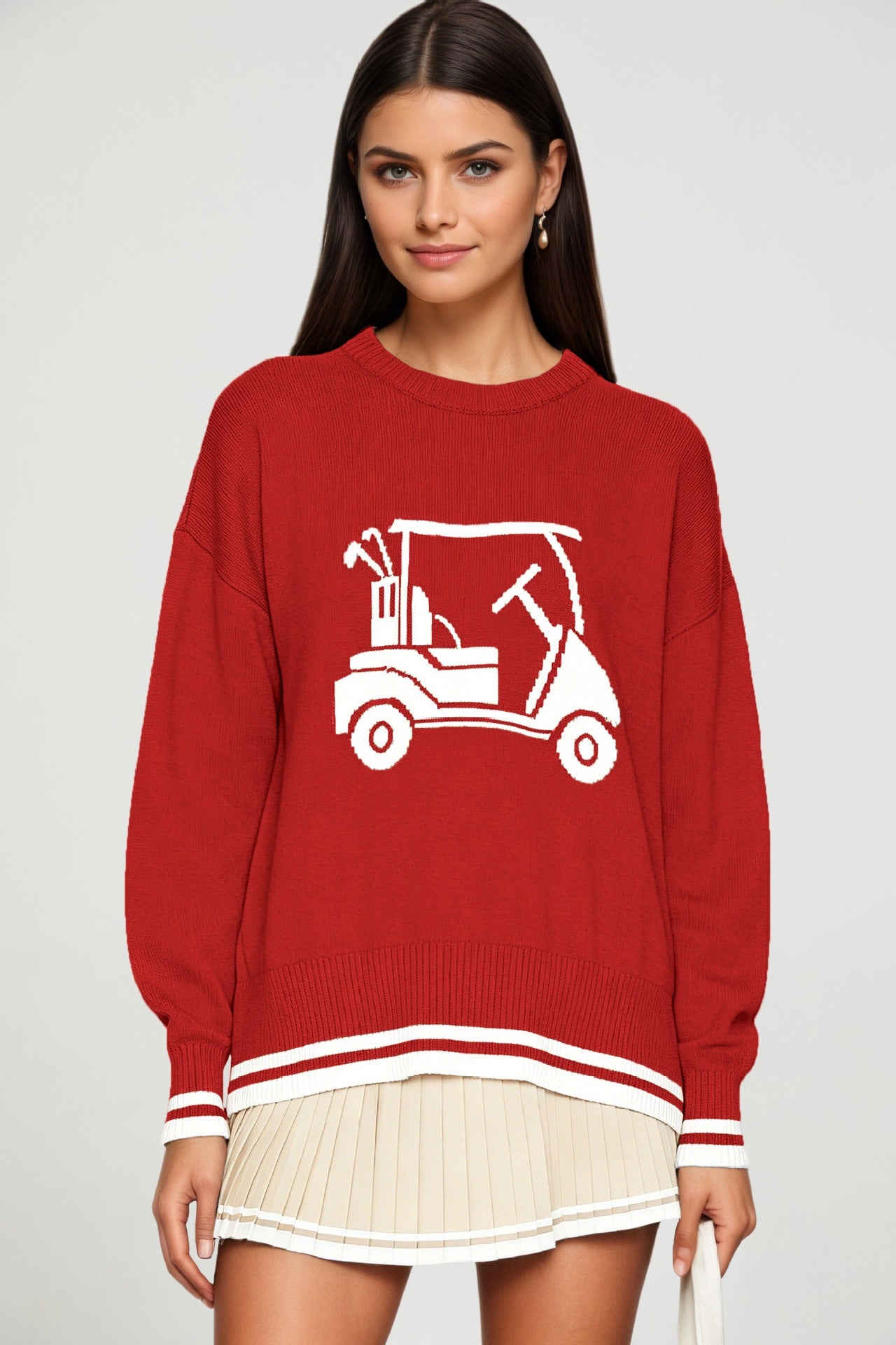 Round-neck Loose-fit Long-sleeve Jacquard-knit Pullover Sweater Top