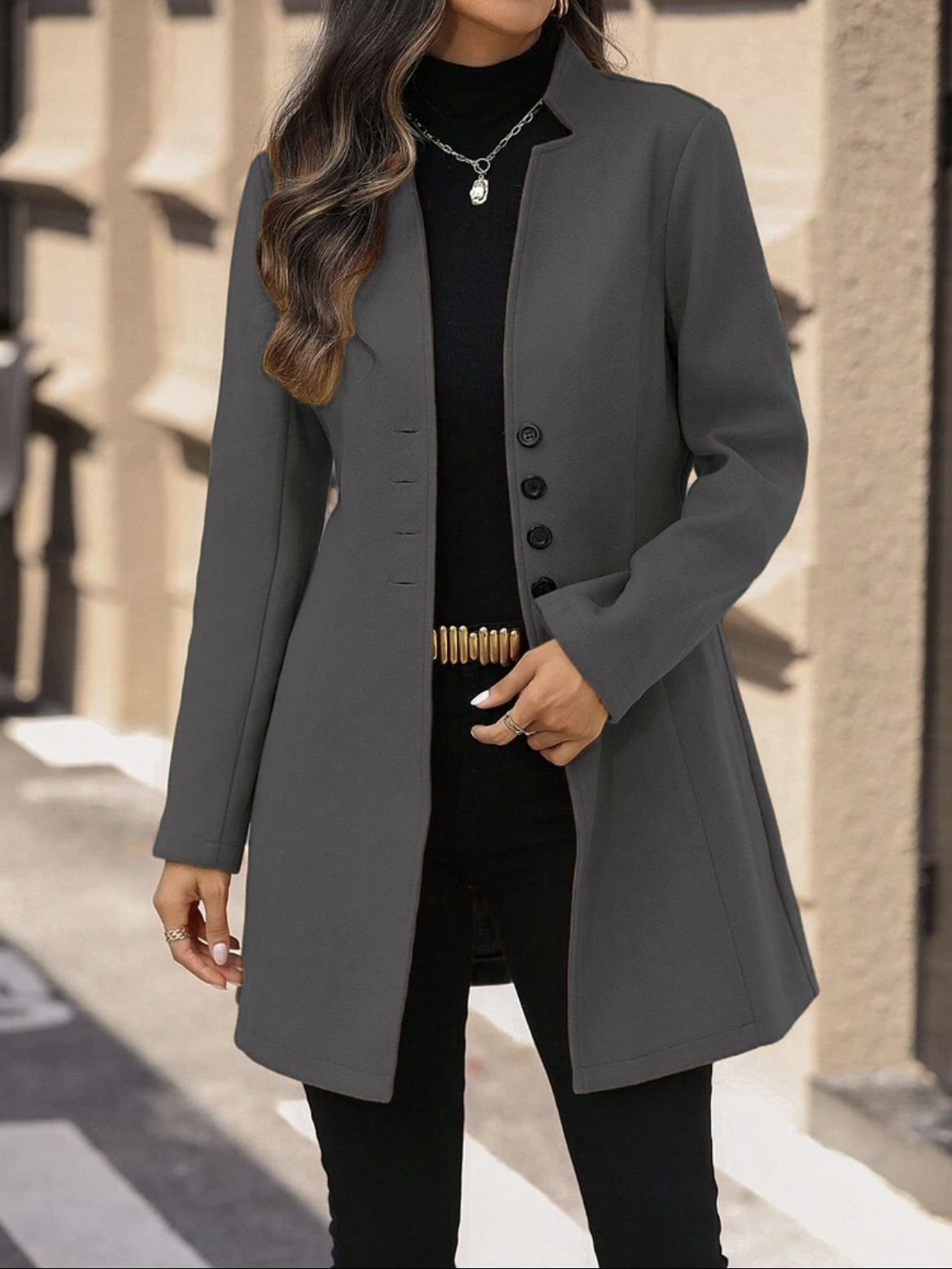 Elegant Wool Stand-collar Trench Coat Mid-length Style For Women