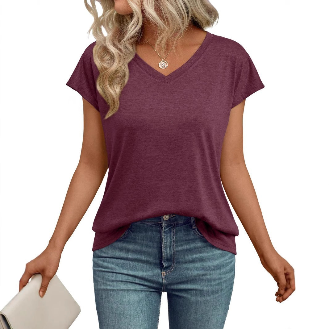 Women's Summer V-Neck T-Shirt, Casual Loose Fit Solid Color Short Sleeve Versatile Top