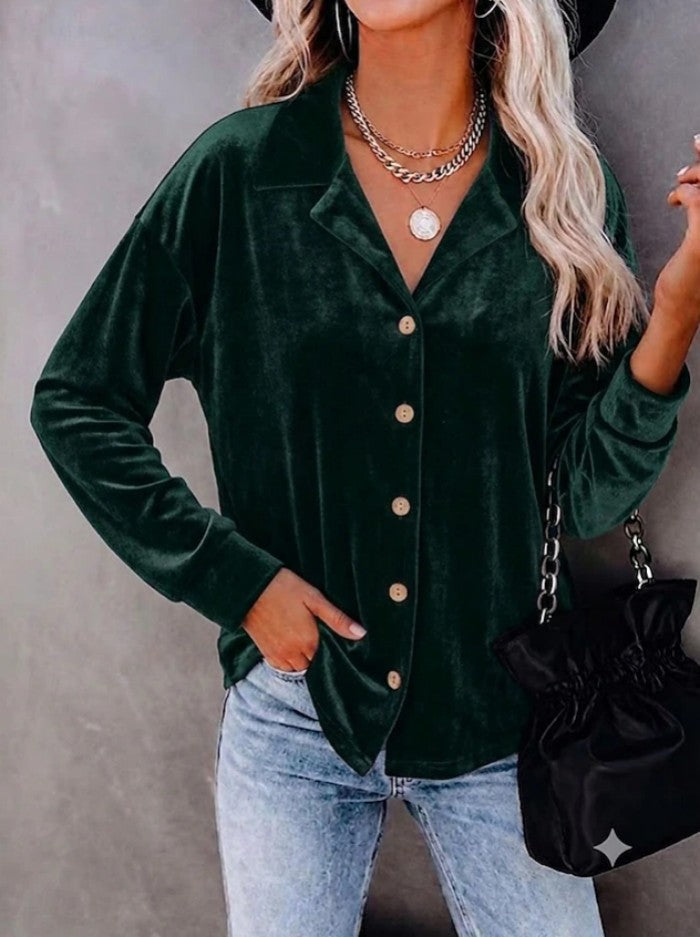 Casual Chic Button-up Velvet Long-sleeve Shirt