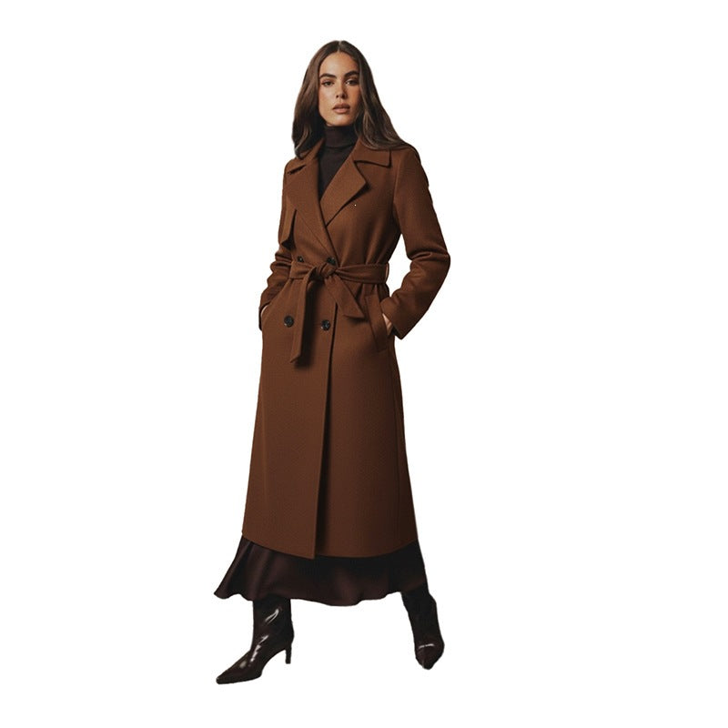 Russian Cross-Border European And American Style Long Coat 2026 Autumn And Winter New High-End Elegant Tie Woolen Coat For Women
