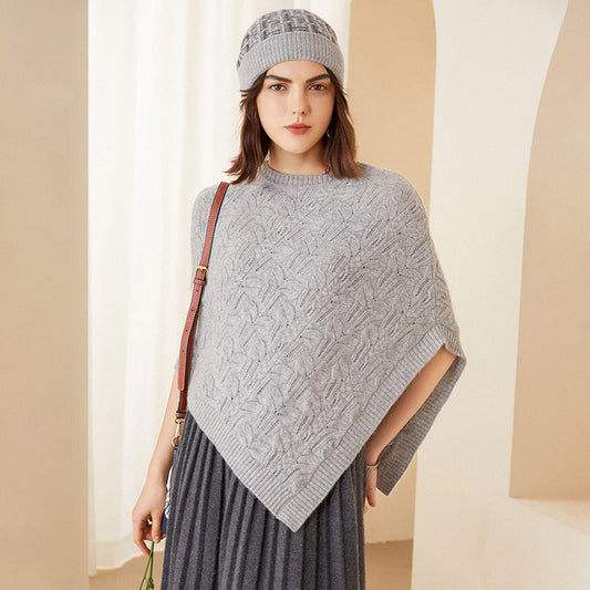 Women's Round Neck Cashmere Pullover Cloak with Twisted Pattern