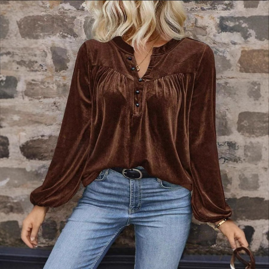Women's Casual Chic Solid Color V-Neck Button Long Sleeve Pullover Top For Spring & Fall