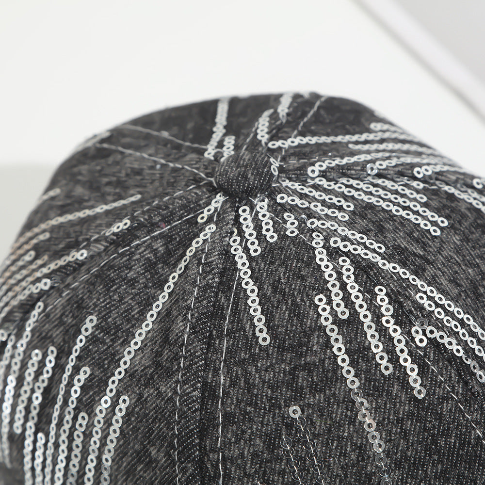 Full-pattern Vertical Sequin Washed Denim Baseball Cap, Suitable For Women's Outdoor Outings And Date Occasions, Versatile And Easy To Wear