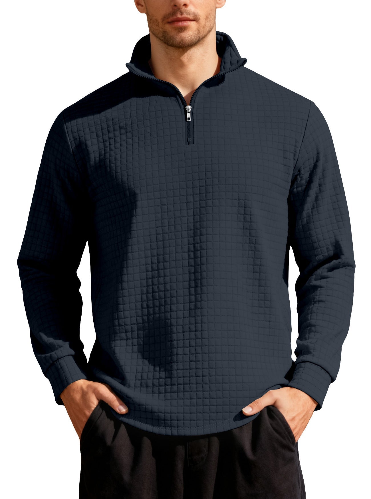 Business-casual Mens Loose-fit Jacquard Crew-neck Half-zip Hoodie With Small Square Patterns
