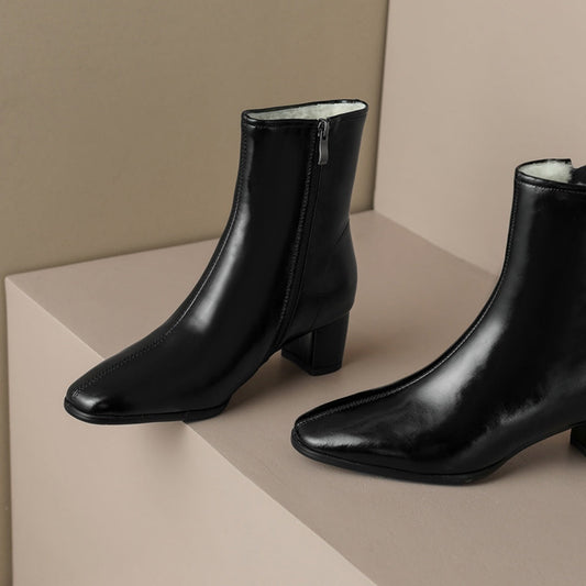 Women's Short Boots, Chunky Mid-heel, Thick Fur Snow Boots, Cotton Boots