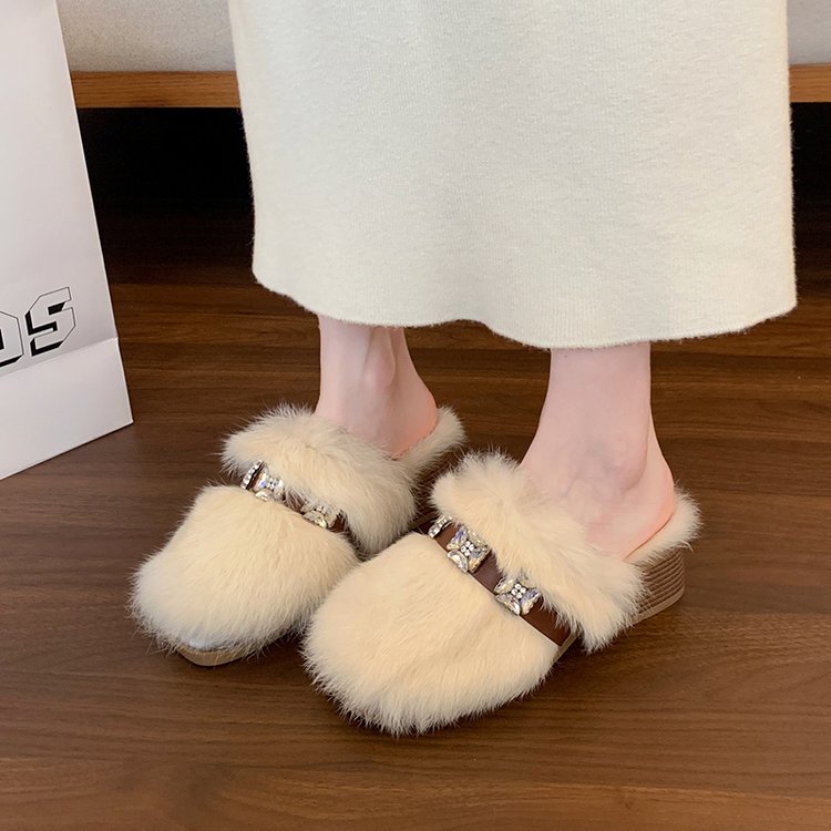 Women's Platform Rhinestone Luxury Furry Slippers, 2025 Autumn New Arrival, Soft Sole Versatile Niche Heightening Cotton Slippers