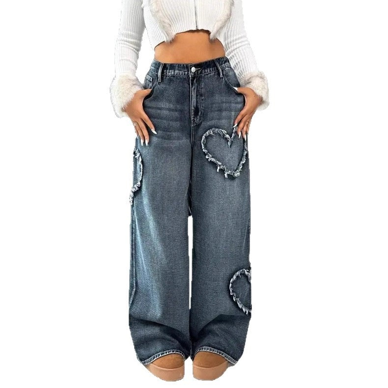 Street-style Washed-and-distressed Loose Straight-leg Pants