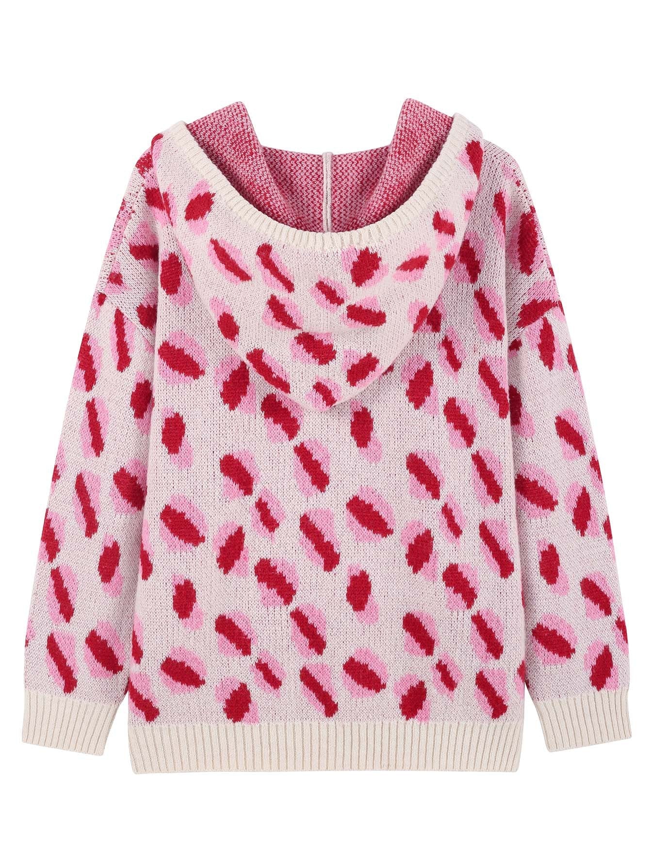 Women Casual Drop Shoulder Hooded Knit Top Pink Leopard Pattern Wool Blend Sweater