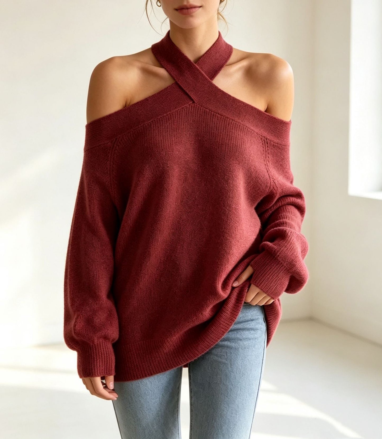 Halterneck Off-shoulder Knitted Pullover For Women