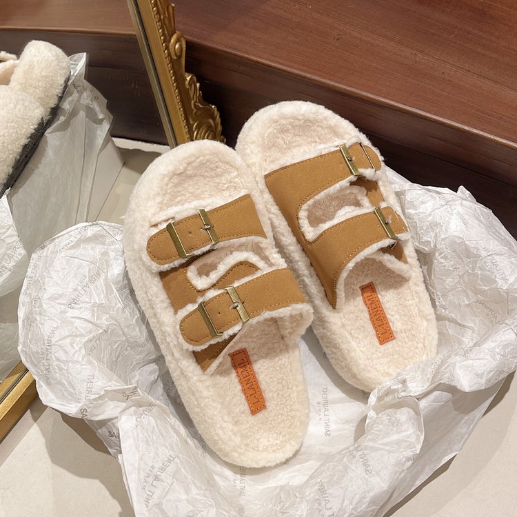 New Plus Size Platform Furry Slippers For Export, Single Strap With Buckle, Fleece Lined Thick Plush Warm Slides For Indoor & Outdoor Use