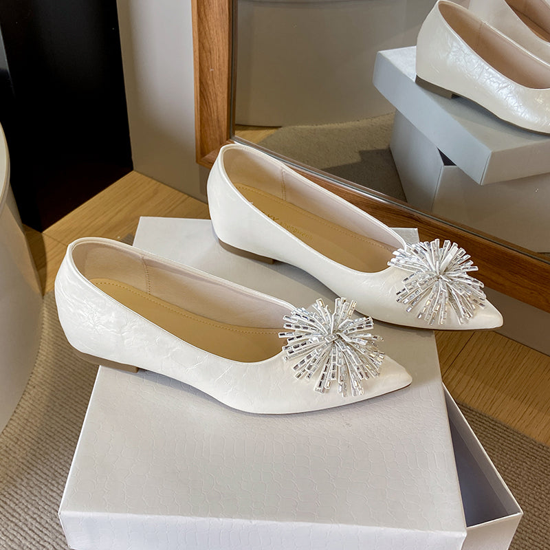 Women's 6cm Invisible Height Increase Mary Jane Flats, French Elegant Pointed Toe Low Cut Slip On Shoes, Rhinestone Floral Decor Dress Shoes For Matching Dresses