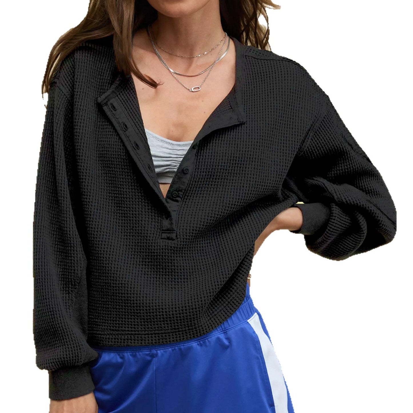 Womens Loose V-Neck Long-Sleeve Sweatshirt