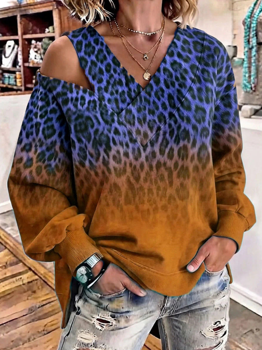 Leopard-Print Gradient Off-Shoulder V-Neck Womens Loose-Fit Long-Sleeve Top