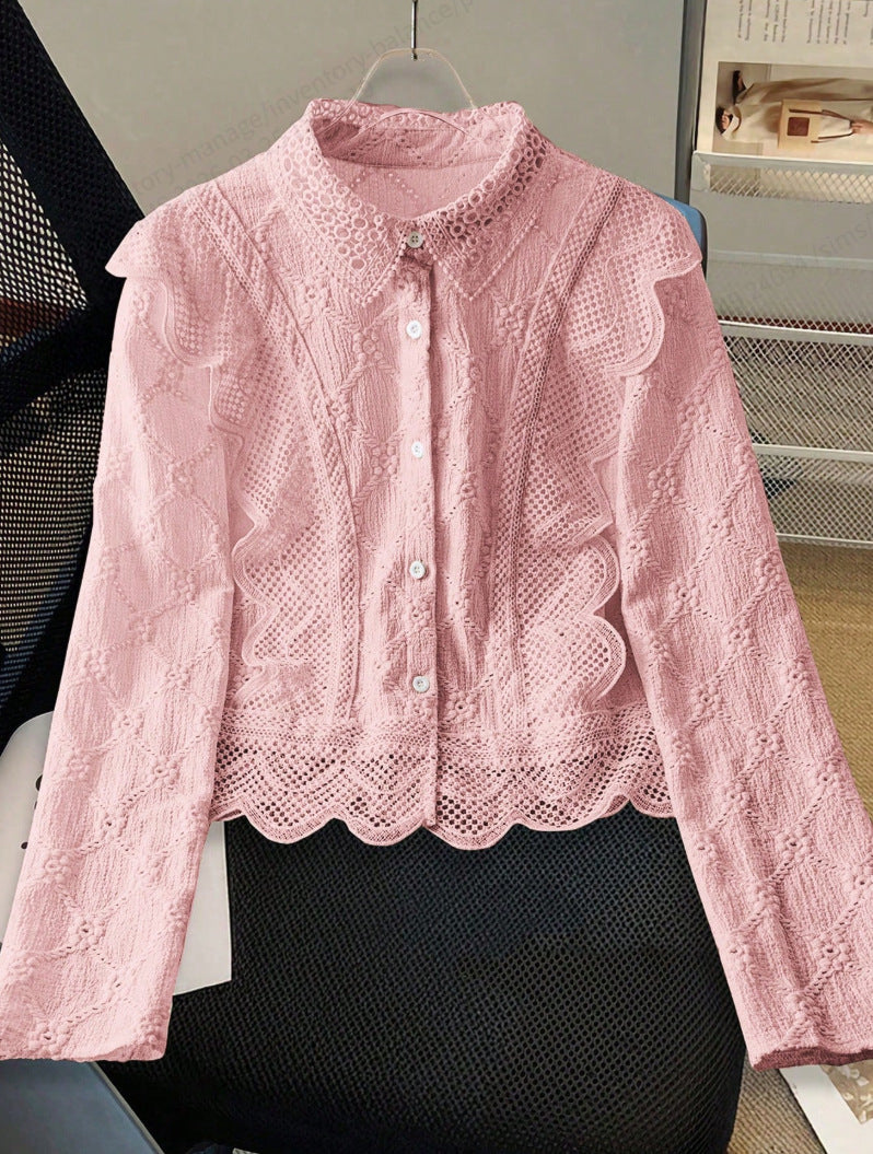 Hollow-out Suit-collar Long-sleeve Single-breasted Casual Lace-patchwork Blouse