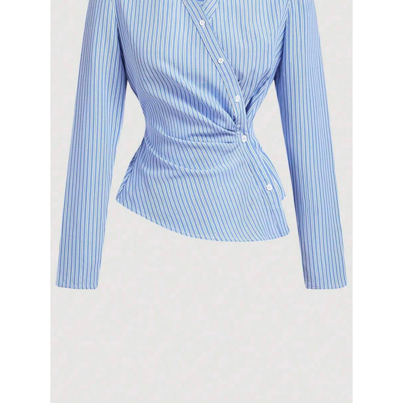 Womens Blue And White Vertical-striped Asymmetrical Long-sleeve Shirt