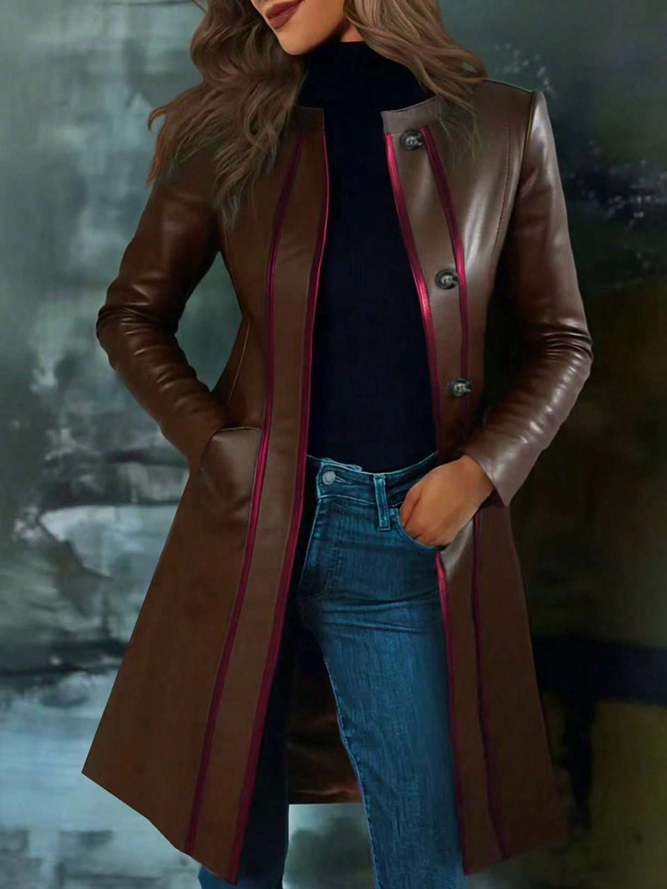 Retro Black Color-block Collar Leather Jacket Trench Coat
