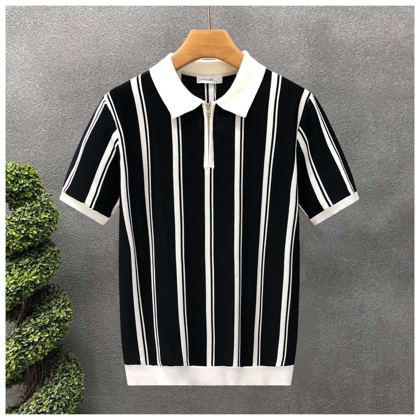 Mens Half-Zip Short-Sleeve Striped Polo Shirt