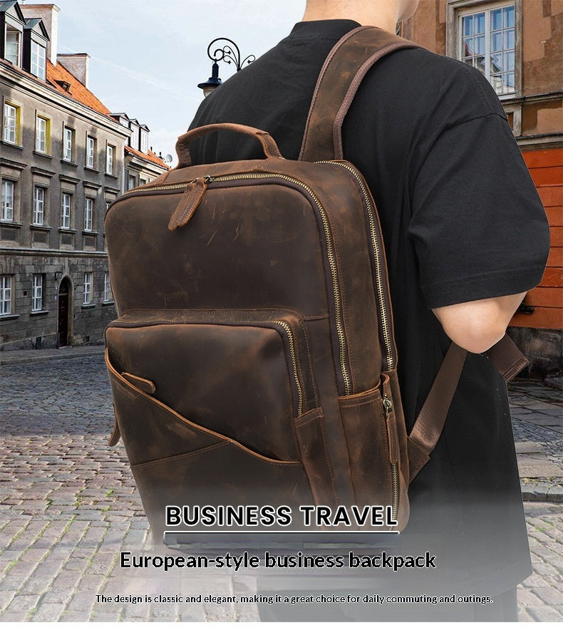 Leather Men's Computer Backpack, Leather Large Capacity Men's Business Travel Bag, Cowhide Backpack
