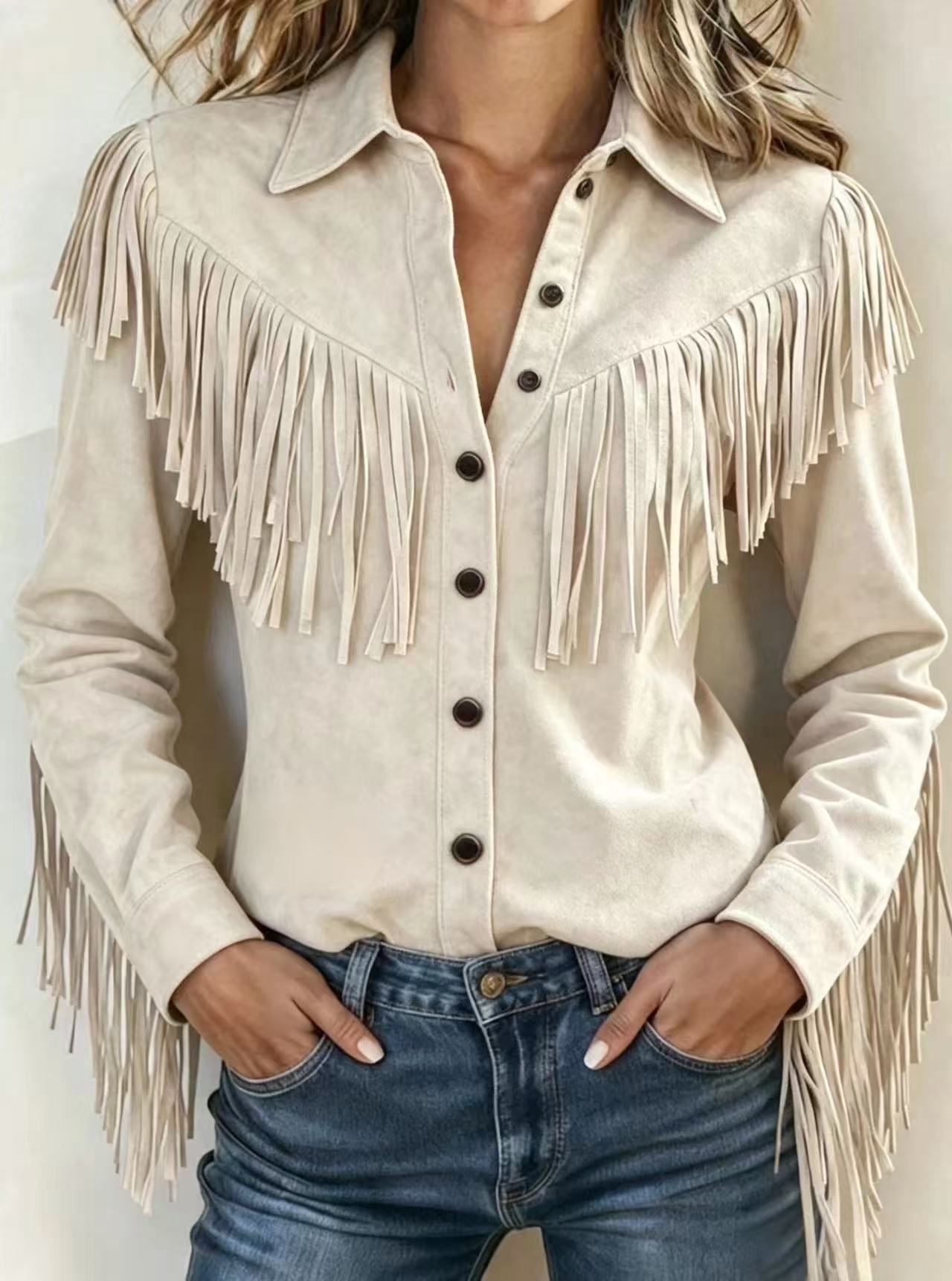 Womens Stylish Loose-fitting Jacket With Tassel Detailing