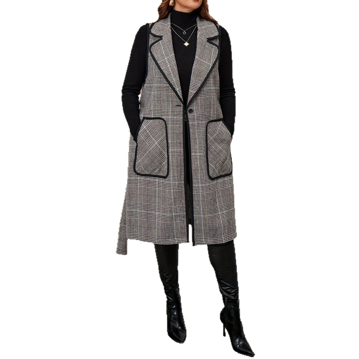 Womens Elegant Long Houndstooth Vest