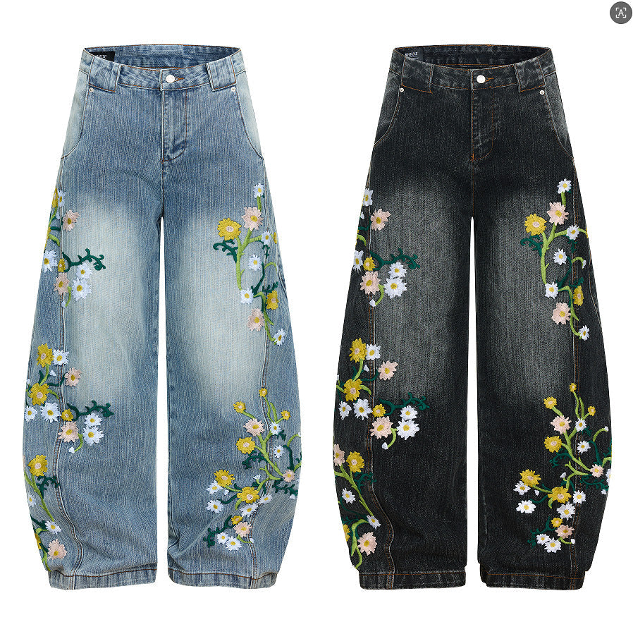 Womens High-waisted Relaxed-fit Floral-embroidered Jeans