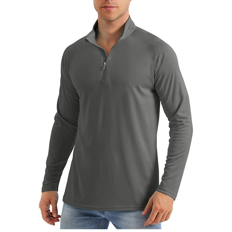 European And American Autumn And Winter Stand-Up Collar Half-Zip Long-Sleeved Sweatshirt For Men Outdoor Running Sports Quick-Drying Pure Color Fitness Breathable T-Shirt