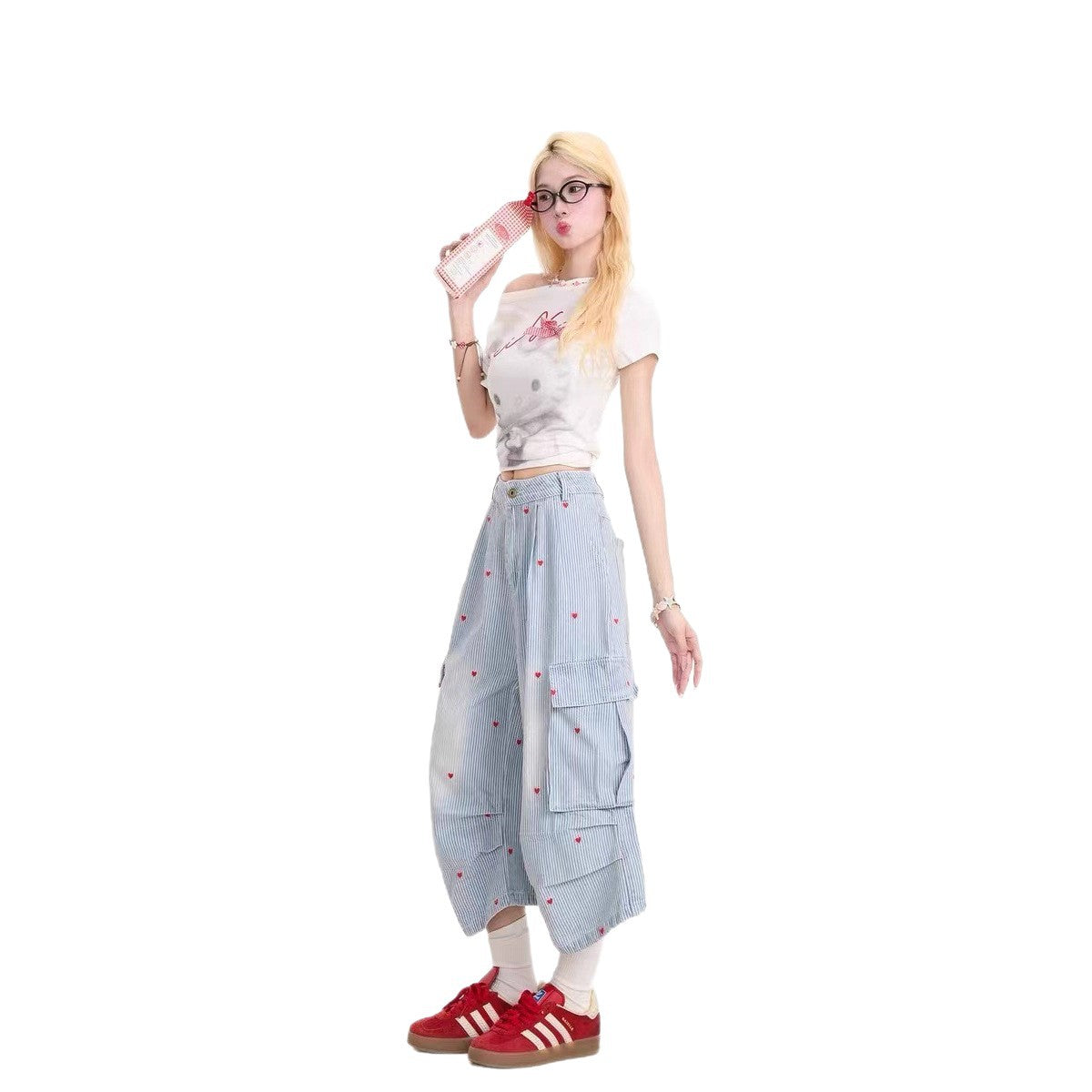 Love-Heart Print Designer-Style Cropped Denim Jeans For Women Summer