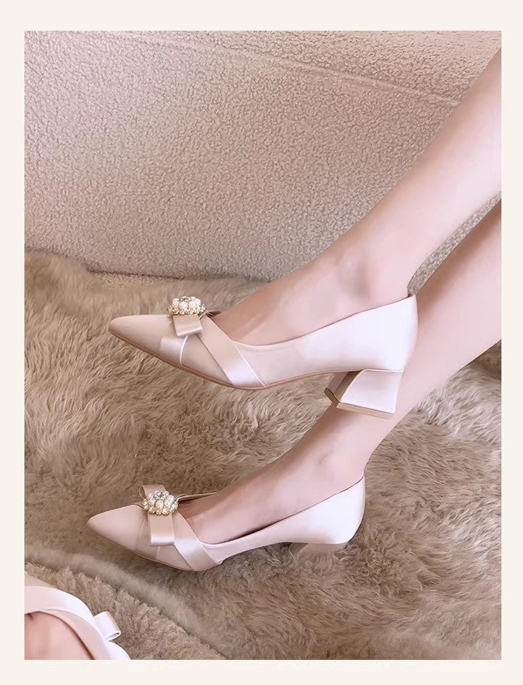 Women Romantic Bridal Glossy Satin Block Heel Pumps, Pointed Toe Bow Pearl Crystal Cluster Decor Slip On Elegant Mid Heel Wedding Banquet Formal Dress Shoes Champagne Nude